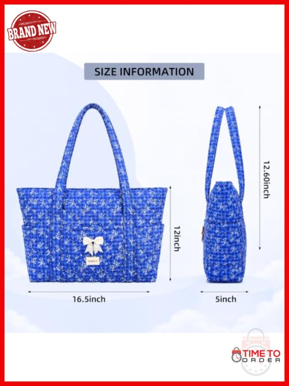 Quilted Cotton Tote Bag with 7 Pockets, Zip Top, Lightweight - Picture 5 of 6